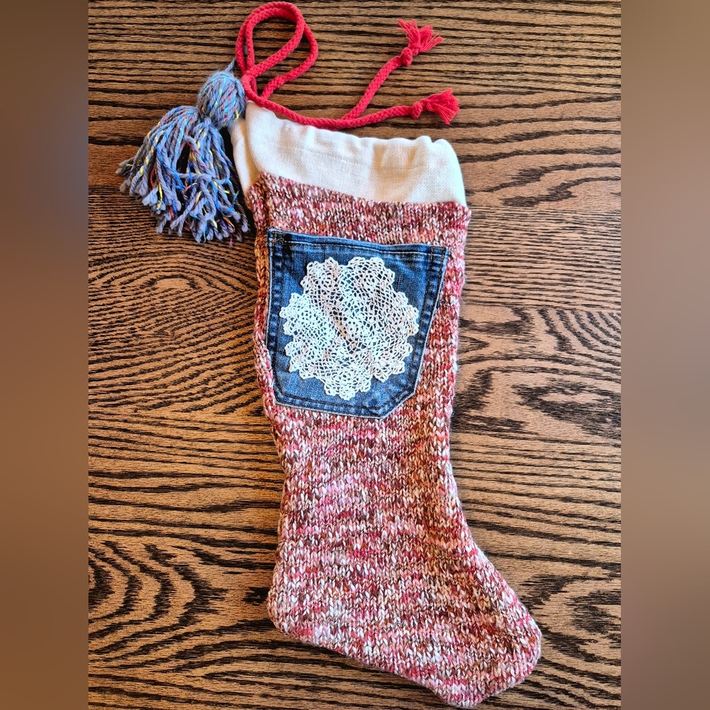 Knit Christmas Stocking with Denim Pocket